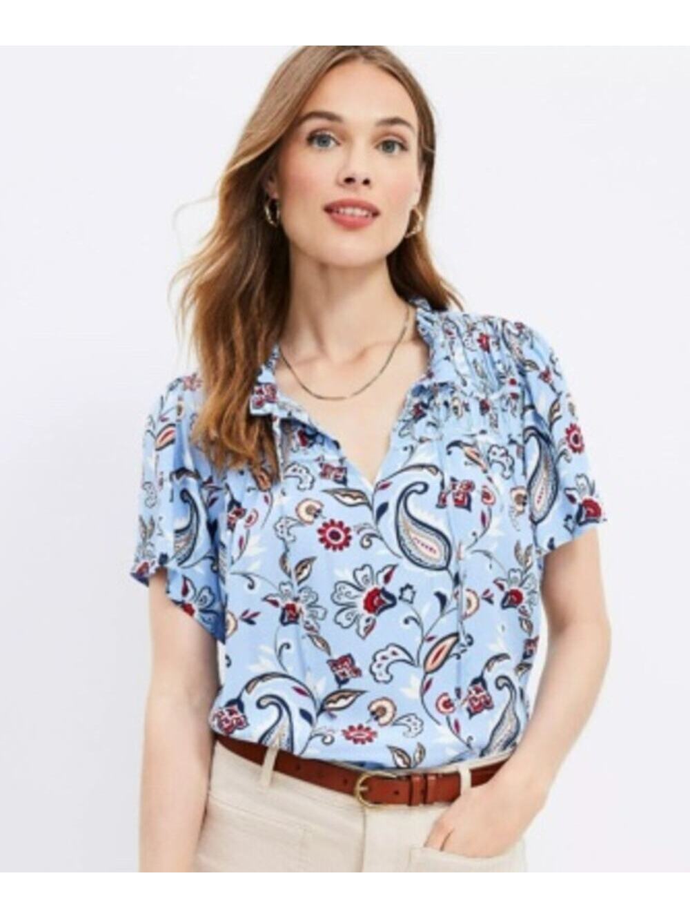 Loft EUC Women's Blue Floral Paisley V-Neck Front Tie Blouse Size L